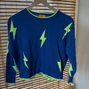 WISPR Blue Sweater with Neon Green lightning bolt cotton silk pullover